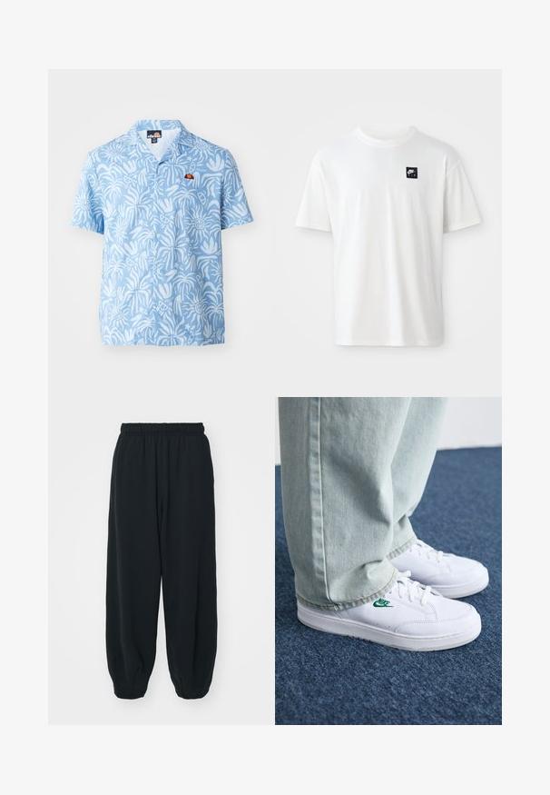 Lühikeste varrukatega nööbiga särk helesinises värvitoonis, millel on valged abstraktsed mustrid ja rinnal väike värviline logo.; Valge puuvillane T-särk lühikeste varrukatega ja ümar kaelus; vasakul rinnaosal on väike must ristkülikukujuline Nike Air logo.; Mustade elastse vöökoha ja laia lõikega dressipüksid, mansetiga sääred, sile tekstuur ning ilma nähtavate mustrite või detailideta.; Valged nahast tennisetossud rohelise Nike logo ja ümarate varvastega, lamedate taldadega, koos helesiniste teksapükstega, esitatud sinisel vaibal.