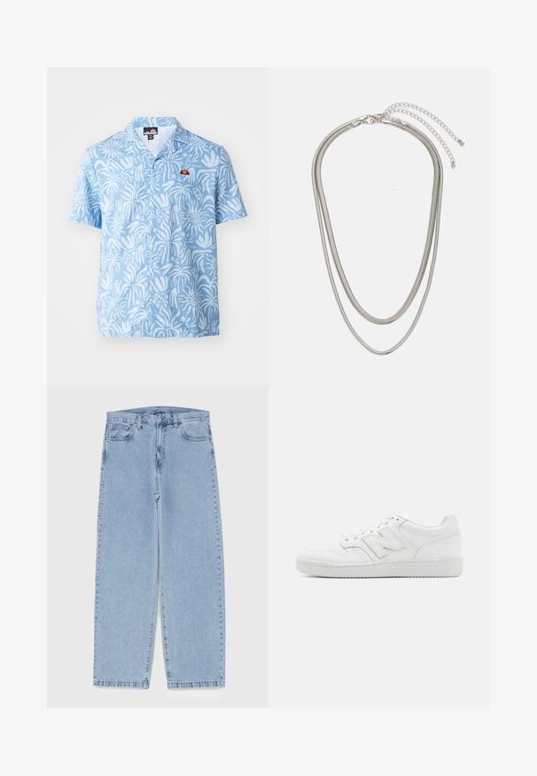 Košile s krátkým rukávem v světle modré barvě s bílými abstraktními vzory, na hrudi s malým barevným logem.; Světle modré džíny s rovnými nohavicemi, středním pasem, pěti kapsami a zapínáním na knoflík a zip.; Bílé tenisky vyrobené z hladké kůže, s perforovanou špičkou, texturovanou gumovou podrážkou, plochými tkaničkami a výrazným logo 'N' na boku.; Vícevrstvý stříbrný kovový náhrdelník s elegantními, flexibilními řetízky s jemným leskem, zabezpečený karabinkou a nastavitelným řetízkem.
