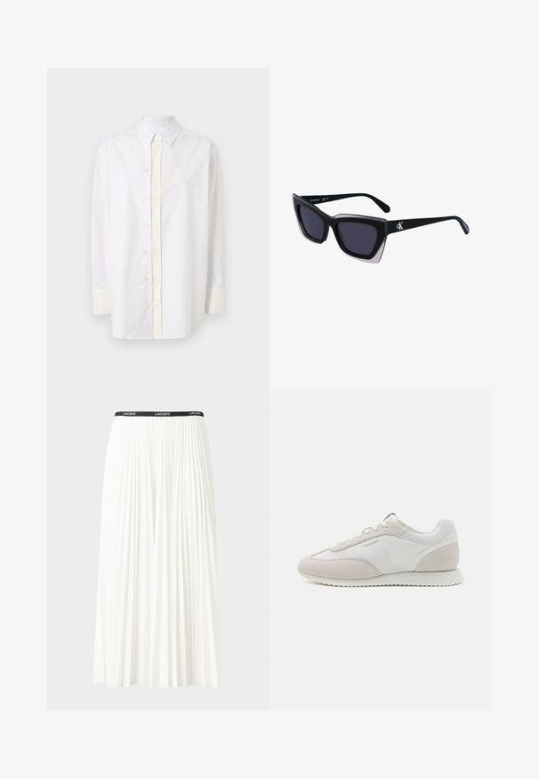 White cotton button-up shirt with a pointed collar, front placket, long sleeves, and light cream accents on cuffs and button areas.; Pleated white skirt with a black elastic waistband featuring the "LACOSTE" logo. Mid-length design with soft texture.; Light-colored sneakers featuring a mix of white leather and beige suede, with a textured sole and minimal branding on the side.; Black oversized sunglasses with a geometric shape, featuring dark lenses and a contrasting grey detail on the frame. Logo on the arm.