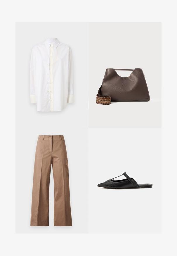 White cotton button-up shirt with a pointed collar, front placket, long sleeves, and light cream accents on cuffs and button areas.; Brown wide-leg trousers made from a smooth fabric, featuring a front button closure, two front pockets, and clean, tailored lines.; Black leather slingback shoe with a pointed toe, featuring a woven accent and pleated upper design. Flat sole with minimal hardware.; Brown leather handbag with a textured finish, angular design, and a distinctive top handle. Features a patterned woven strap detail.