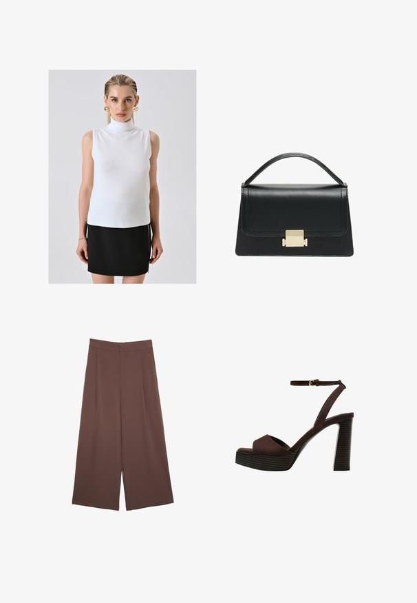 Blonde Frau, die ein weißes ärmelloses Rollkragenoberteil, einen schwarzen Rock mit seitlichem Reißverschluss und große goldene Creolen trägt, steht vor einem schlichten Hintergrund.; Braune Weite-Leg-Hosen mit einer glatten Textur, hoher Taille und Vorderfalten. Der Stoff ist leicht und fällt locker.; Braune Wildleder-Pumps mit offenem Zeh, verstellbarem Knöchelriemen und gestreiftem Plateausohlen.; Schwarze Lederhandtasche mit strukturiertem Design, oberem Griff und einem goldenen Metallschnappverschluss auf der Vorderseite. Glatte Textur, minimale Nähte.