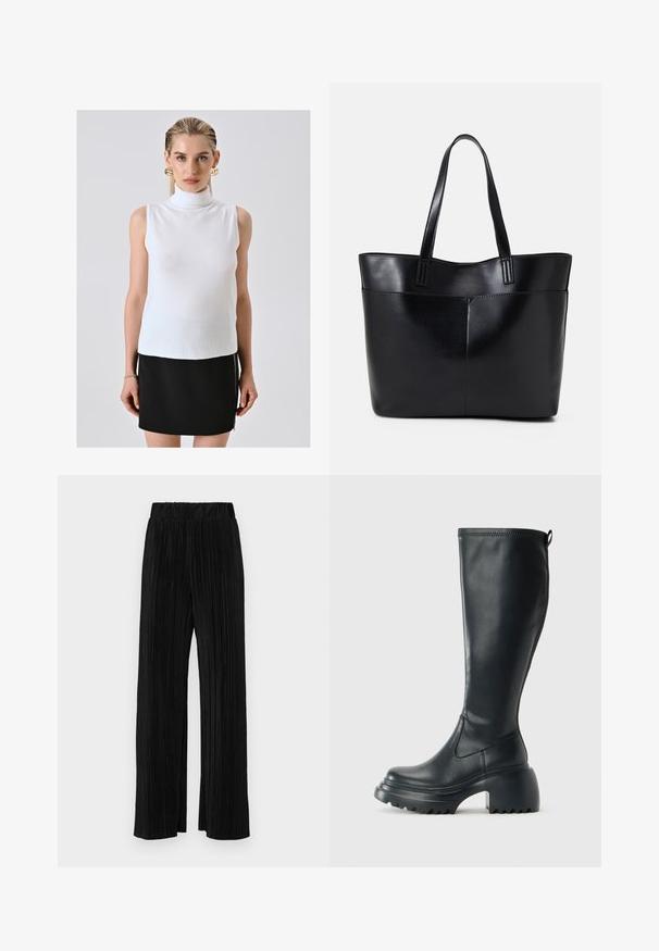 Donna bionda che indossa un top bianco senza maniche a collo alto, una gonna nera con zip laterale e grandi orecchini a cerchio dorati, in piedi davanti a uno sfondo neutro.; Pantaloni neri a plissé con vita elasticizzata. Presentano gamba ampia e un tessuto liscio e texture con strisce verticali.; Stivale lungo in pelle nera con suola piatta robusta e tacco a blocco, dotato di linguetta e battistrada testurizzato sulla suola.; Borsa a tracolla in pelle nera con due manici lunghi, una texture liscia e una forma strutturata. Presenta una tasca frontale per ulteriore spazio di archiviazione.