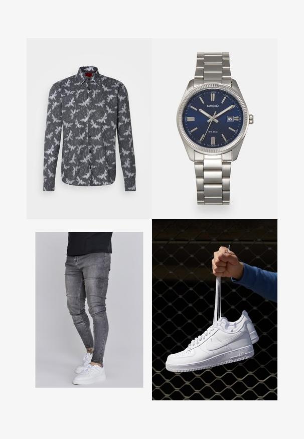 Mustvalgus must-valge särk, millel on vertikaalsed triibud ja linnulaadne mustr, varustatud punktkrae ja pikkade varrukatega.; Kitsad teksad tuhmhall denimil, millel on kulunud detailid põlvedes, koos valgete tossudega. Sile tekstuur, kitsas lõige.; Valged nahast tennisetossud, millel on perforatsioonid, ümar nina, lame tallus ja paksud nöörid, nähtava swooshi logoga ja "AIR" kontsadel.; Hõbedane roostevabast terasest käekell, tumesinise lõpliku, metallsete tuntud numbrite ja kuupäevanäidikuga kell 3 juures. Veekindel kuni 50 meetrit.