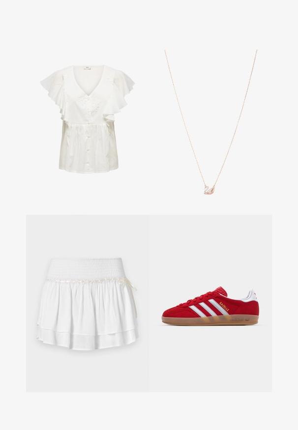 Bluza albă cu mâneci scurte fluturate, decolteu în V și broderie florală. Prezintă un tiv cu nasturi pe față și o secțiune inferioară gathered. Material ușor.; Fustă albă în straturi cu talie elastică, având un detaliu texturat de smocking și un accent decorativ cu panglică. Material din bumbac.; Sneaker roșu din suede cu un design alb cu trei dungi și text auriu "Gazelle". Dispune de o talpă din cauciuc și un toc texturat.; Colier din aur roz cu un pandantiv în formă de lebădă, embellisat cu cristale clare. Lanțul are un design delicat cu verigi.