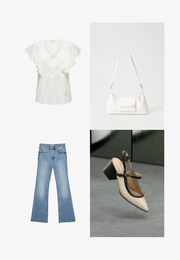 Biela blúzka s krátkymi volantovými rukávmi, výstrihom do V a kvetinovou výšivkou. Má predné zapínanie na gombíky a nariasenú dolnú časť. Ľahký materiál.; Svetlomodré rozšírené džínsy vyrobené z denimu, s klasickým dizajnom piatich vreciek a zipsom s gombíkovým zapínaním.; Béžová lodička so špicatou špičkou, s čiernym lemom, zlatou prackou a robustným blokovým podpätkom na šedom podlahe s tmavozeleným pozadím.; Biela syntetická kabelka s trojuholníkovým tvarom, plochým predným klapkou a detailom mašle, nastaviteľným popruhom, hladkou textúrou a minimalistickým dizajnom.