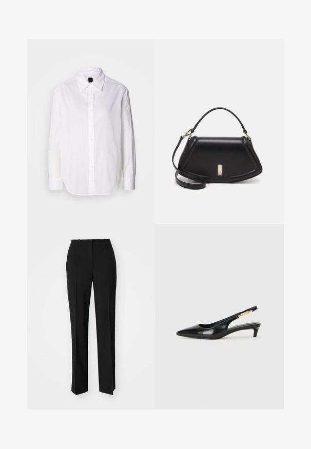 White long-sleeve button-up shirt made of lightweight fabric. Features a classic collar, front buttons, and cuffed sleeves.; Black tailored trousers with a straight-leg design, featuring a smooth texture and crisp creases along the front. No visible hardware.; Black leather slingback heels with a pointed toe, featuring a slim heel and a gold-tone accent on the adjustable strap. Smooth texture.; Black leather handbag with a structured design, featuring a cropped shape, top handle, and gold hardware accent. Adjustable shoulder strap included.