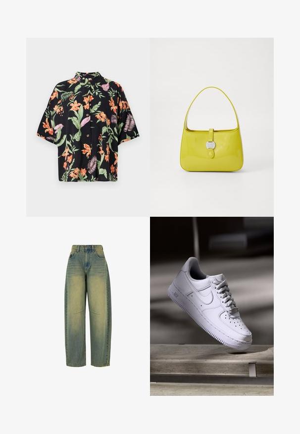 Kortærmet, sort blomsterbluse med levende orange og lilla blomster samt grønne blade. Indeholder fem knapper og en krave.; Hvid kortærmet t-shirt lavet af blødt stof. Har en rund halsudskæring og et simpelt, rent design med en lige underkant.; Bredde ben denim jeans i lys blå med bleget struktur. Har fem lommer og høj talje. Ren kant og subtile syningsdetaljer.; Hvid Nike Air Force 1 sneaker svævende over en betonoverflade med skygger i et minimalistisk miljø.; Gul laklæder håndtaske med en struktureret form, en topgreb og en frontklap med trykknap og en cirkulær metal logo accent.