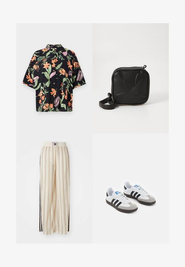 Kurzärmliges, schwarzes Blumenhemd mit lebendigen orangenen und lila Blumen sowie grünen Blättern. Verfügt über fünf Knöpfe und einen Kragen.; Cremfarbene, weit geschnittene Hosen mit einem Zickzackmuster, ausgestattet mit einem schwarzen Logo-Bund und seitlichen schwarzen Streifen. Leichter, strukturierter Stoff.; Sportschuhe mit einem Obermaterial aus weißem Leder, grauer Wildleder-Zehenkappe und drei schwarzen Streifen. Sie verfügen über ein blaues Logo auf der Zunge und eine strukturierte Gummisohle.; Schwarze Umhängetasche aus strukturiertem synthetischem Material. Verfügt über ein eingeprägtes Logodesign und einen verstellbaren Riemen. Mit Reißverschluss geschlossen.
