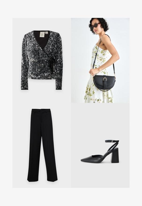 Black sequin wrap top with long sleeves, featuring a v-neckline and a tied waist. The fabric has a smooth inner lining and glossy texture.; Black wide-leg trousers made of smooth fabric, featuring a classic waistband with a button closure and front pleats.; Black leather pointy-toe pump with an ankle strap and a chunky heel. Flat texture, sleek design, and minimalistic aesthetics.; Black leather handbag with a curved shape, detachable strap, and gold hardware. The bag features a flap with a buckle detail.