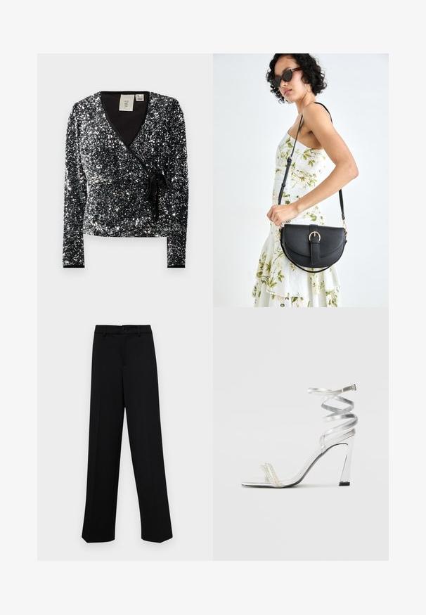 Fekete flitteres, hosszás ujjú, átkötős felső, V-nyakkivágással. Az anyag sima bélésű és fényes textúrájú.; Fekete, széles szárú nadrág sima anyagból, klasszikus derékrésszel, gombzárral és elülső redőkkel.; Ezüst színű, magas sarkú szandál, csillogó pánt dizájnnal, gyöngyszerű díszítéssel és spirális bokapánttal a biztos illeszkedés érdekében.; Fekete bőrtáska ívelt formával, levehető pánttal és arany színű fémrészekkel. A táskán egy csattal díszített fedél található.