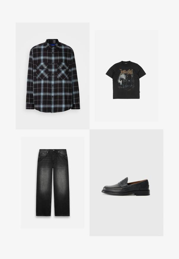 Černá a světle modrá kostkovaná flanelová košile s dlouhými rukávy, zapínáním na knoflíky, límcem a dvěma náprsními kapsami s klopami.; Černé bavlněné tričko s potiskem na přední straně, které zobrazuje rytíře na koni ve tmavých tónech, doplněné hnědým nápisem nahoře. Krátké rukávy, kulatý výstřih.; Černé džíny s širokým nohavicovým designem. Obsahují pět kapes, mírné vyblednutí a pevné švy. Zapínání na knoflík a zip.; Černé kožené mokasíny se šitým vzorem, zaoblenou špičkou, nízkým vrstveným podpatkem a snadným nazouváním. Hladký povrch s mírným leskem.