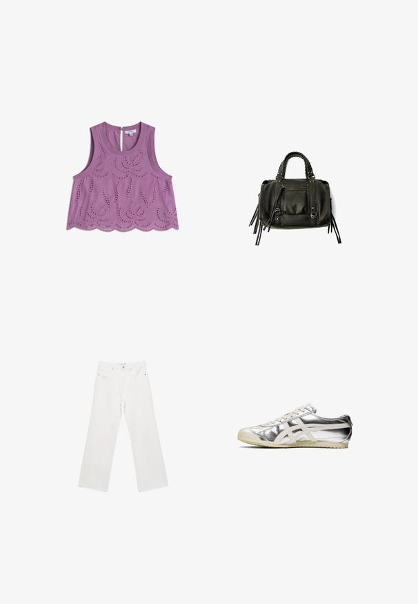 Liliowy crop top z falbanami i bez rękawów, z dekoracyjnymi detalami w formie oczek oraz zapięciem z tyłu w kształcie łezki. Wykonany z miękkiego bawełnianego materiału.; Białe dżinsowe spodnie o szerokich nogawkach z klasycznym pięciokomorowym wzorem, metalowymi elementami oraz kontrastowymi przeszyciami. Gładka faktura i luźny krój.; Srebrne metaliczne sneakersy z białymi akcentami i sznurowadłami. Posiadają teksturowaną powierzchnię, zaokrąglony czubek i gumową podeszwę z wzorem zapewniającym przyczepność.; Czarna skórzana torebka z plecionymi uchwytami, kieszenią na zamek i zawieszkami. Teksturowana powierzchnia z metalowymi ćwiekami i akcentami ze stali.
