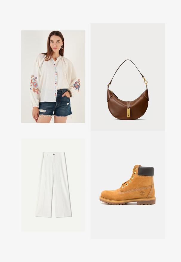 Witte langemouwen overhemd met kleurrijke bloemenborduursels op de mouwen en een decoratieve knopenlijst. Gecombineerd met donkere denimshorts.; Witte wijde pantalon van soepel materiaal, met een sluiting aan de voorkant met een knoop en geplooide details. Plat voorkant ontwerp, zonder zichtbare zakken.; Bruine leren enkelboot met zwarte voering, gouden oogjes en een gestructureerde zool. Kenmerkt zich door een cirkelvormig logo aan de zijkant en stikselaccenten.; Bruine leren schoudertas met een gebogen vorm, gouden hardware, bovenklepdetail en een logoaccent. Gladde textuur met gestikte randen.