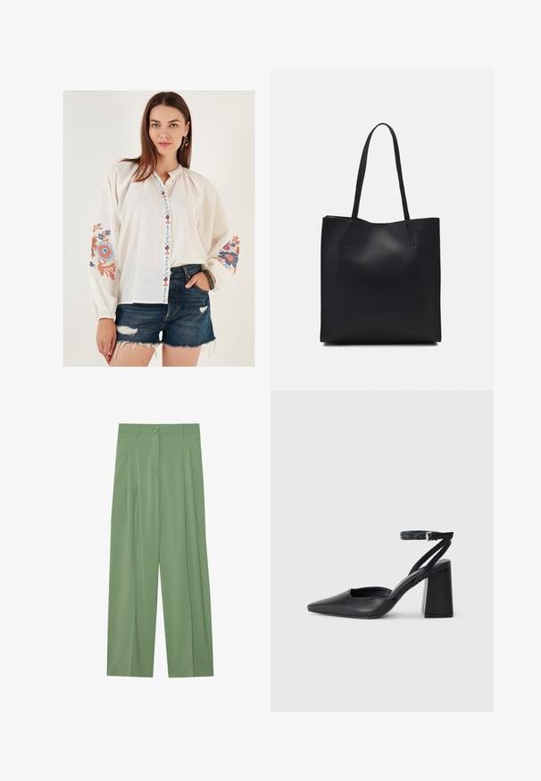 Camisa blanca de manga larga con bordado floral colorido en las mangas y una botonera decorativa. Combinada con pantalones cortos de mezclilla oscuros.; Pantalones de pierna ancha verdes hechos de tela suave. Presentan pliegues en el frente, un cierre de botón único y pasadores para cinturón.; Zapato de tacón puntiagudo de cuero negro con tira en el tobillo y tacón ancho. Textura plana, diseño elegante y estética minimalista.; Bolso tote de cuero negro con textura lisa, forma rectangular y dos asas largas. Sin herrajes ni adornos visibles.
