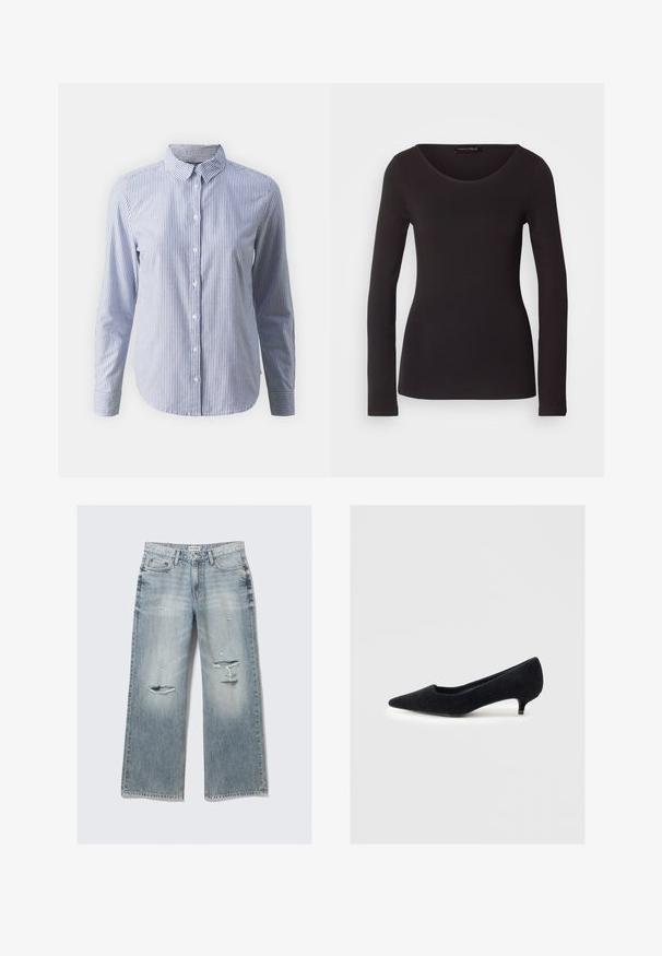 Camisa de botones en rayas verticales azul y blanca; de manga larga, con cuello y una textura de algodón suave, con un dobladillo recto.; Top negro de manga larga hecho de una tela suave, con un escote redondo y una silueta ajustada; no presenta patrones ni adornos.; Vaqueros de mezclilla azul claro de pierna ancha con detalles desgastados, bordes deshilachados y un acabado desvaído. Presenta bolsillos frontales y una cintura clásica.; Zapato de tacón negro con punta afilada, hecho de una tela suave con un acabado texturizado y un tacón corto y estrecho. Diseño sencillo, sin adornos.