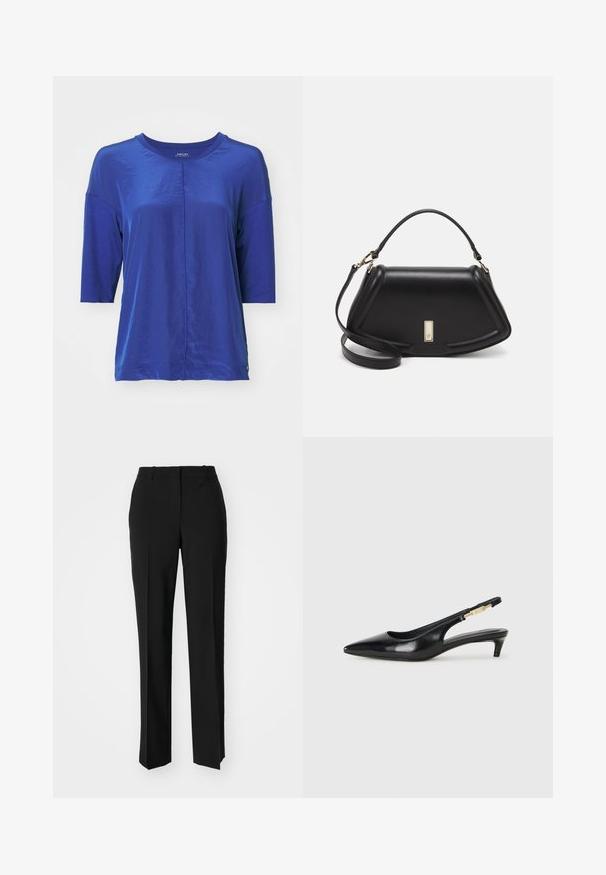 Blaues Kurzarmoberteil aus glattem Stoff mit Rundhalsausschnitt. Verfügt über eine Nahtdetails vorne und eine leichte A-Linie Silhouette.; Schwarze, taillierte Hose mit geradem Bein, aus einem glatten Stoff und mit klaren Falten an der Vorderseite. Keine sichtbare Hardware.; Schwarze Leder-Slingback-Pumps mit spitzem Schuhblatt, ausgestattet mit einem schlanken Absatz und einem goldfarbigen Akzent am verstellbaren Riemen. Glatte Textur.; Schwarze Lederhandtasche mit einem strukturierten Design, das eine verkürzte Form, einen oberen Griff und goldfarbene Hardware-Details aufweist. Verstellbarer Schulterriemen ist enthalten.