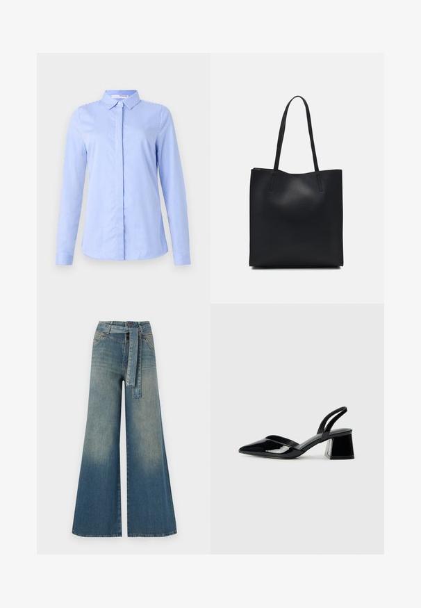 Mėlynos ir baltos juostelės ilgomis rankovėmis, mygtukais užsegama marškiniai su apykakle, pasižymintys lygia audinio tekstūra ir gaubtuoju žemu. ; Platus džinsinis kelnes su šviesiai tamsiai mėlynu gradientu, aukštu juosmeniu, diržo kilpomis ir atitinkančiu audinio diržu. Textūruotas džinsinis paviršius.; Juodos lakuotos odinės šlepetės su smailiu pirštu ir geometriniu bloko kulnu. Turi elegantišką, minimalistinį dizainą ir lygų paviršių.; Juodas odinis tote krepšys su lygia tekstūra, stačiakampio formos ir dviem ilgais rankenomis. Matomų metalinių detalių ar puošybos nėra.