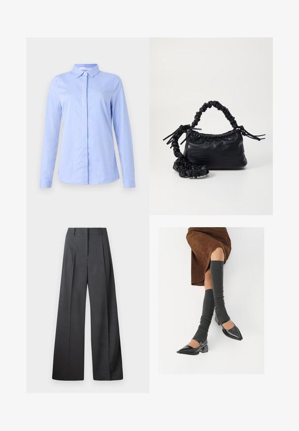 Mėlynos ir baltos juostelės ilgomis rankovėmis, mygtukais užsegama marškiniai su apykakle, pasižymintys lygia audinio tekstūra ir gaubtuoju žemu. ; Tamsiai pilkos plačios kojos kelnės, turinčios aukštą liemenį, vieną raukšlę ir sklandžią tekstūrą su tvarkingais kraštais.; Juodi lakuoti odiniai batai su aštriu kuma ir bloko kulnu, derinami su pilkais riebiais kojų šildytuvais ir rudais zomšiniais sijonais.; Juodas dirbtinės odos rankinė su krokodilo tekstūra, sušnibždinta viršuje ir susikraipytu dirželiu. Atrodo minkšta ir kompaktiška.