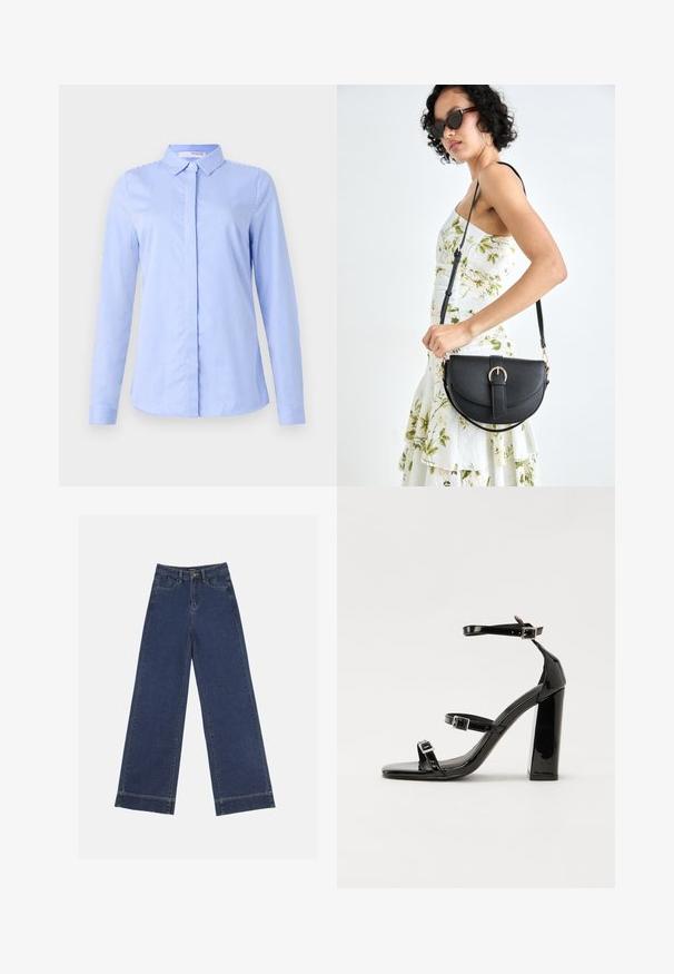 Cămașă cu mâneci lungi, în dungi albastre și albe, cu guler, având o textură a țesăturii netedă și un tiv curbat.; Jeans evazați din denim albastru închis. Au cinci buzunare, bucle pentru curea și o margine brută la baza, cu detalii de coasere vizibile.; Sandale cu toc din patent negru, cu vârf pătrat, curele la gleznă și catarame din argint. Dispune de un toc gros pentru stabilitate.; Geantă din piele neagră, cu o formă curbată, curea detașabilă și accesorii aurii. Geanta are un capac cu un detaliu tip cataramă.