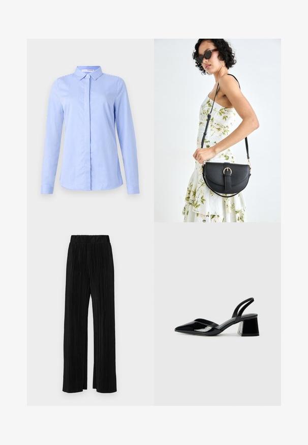 Modra in bela prugasta srajca z dolgimi rokavi in gumbi ter ovratnikom, ki ima gladko teksturo tkanine in okrogel rob.; Črne plisirane hlače z elastičnim pasom. Imajo široke noge in gladko, teksturirano tkanino z navpičnimi črtami.; Črne lakirane slingback pete s koničastim nosom in geometrijsko blokasto peto. Imajo eleganten, minimalističen dizajn in gladko teksturo.; Črna usnjena torbica s ukrivljeno obliko, z odstranljivo naramnico in zlatimi dodatki. Torbica ima pokrov s podrobnostmi v obliki zaponke.