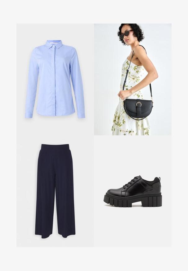 Camicia a maniche lunghe blu e bianca a righe con colletto, caratterizzata da una texture di tessuto liscia e un orlo curvo.; Pantaloni a gamba larga in tessuto navy scuro con una texture a coste. Presentano una vita liscia e una silhouette fluida, che arriva a metà polpaccio.; Scarpe platform in pelle nera con tacco a blocco robusto, punta rotonda e design tradizionale con lacci. Presentano una superficie liscia e dettagli minimi.; Borsa a tracolla nera in pelle con una forma curva, manico rimovibile e accessori dorati. La borsa presenta una patta con un dettaglio a fibbia.