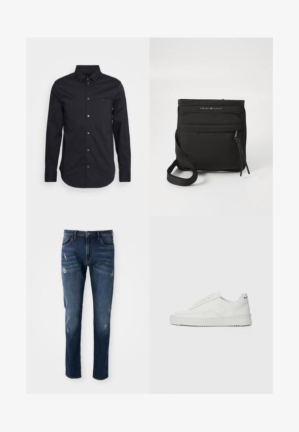 Čierna košeľa s dlhým rukávom a gombíkmi vyrobená z hladkej tkaniny, s klasickým golierom, plnými rukávmi a malým logom na hrudi.; Tmavomodré denimové jeansy s úzkym strihom, s jemným opotrebovaním na stehnách a kolenách, klasický dizajn s piatimi vreckami a zapínaním na gombík.; Biele kožené tenisky s hladkým povrchom, okrúly špičkový dizajn, ploché šnúrky a textúrovaná podrážka. Obsahujú jemné logo na päte.; Čierna crossbody taška Emporio Armani s predným zipsovým vreckom, nastaviteľným popruhom a logom na textúrovanej tkanine.