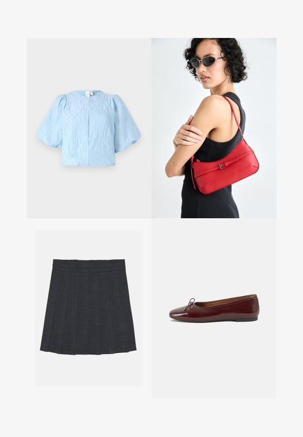 Gaiši zila īsā blūze ar pūkainām piedurknēm, struktūrētu audumu, apaļu kakla izgriezumu un vienu aizdari aizmugurē.; Tumši pelēks plisēts svārki ar elastīgu jostu, ar teksturētu audumu un klasisku A formas siluetu. Piemēroti ikdienas valkāšanai.; Burgundijas laku ādas baleta kurpes ar noapaļotu purngalu, nelielu loku akcentu priekšā un zemu melnu gumijas zoli. Gluda tekstūra.; Sarkans ādas plecu soma ar gludu tekstūru, izliekta dizaina un dekoratīvu sprādzi. Regulējams siksna un rāvējslēdzēja aizdare.