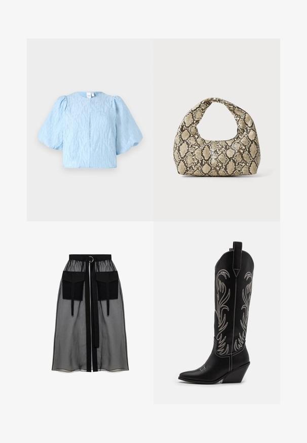 Lysblå cropped bluse med puffede ærmer, tekstureret stof, rund halsudskæring og en enkelt knaplukning bagpå.; Sort gennemsigtig nederdel med en rynket talje, der har to store forlommer, et taljebånd og en cirkulær metaldetalje.; Sorte læder cowboystøvler med spidse tæer, kilehæle og sølv broderede blomster mønstre langs skaftet. Kontrast syning overalt.; Slangeprint håndtaske med et buet håndtag. Lavet af strukturerede, beige og brune materialer, med et karakteristisk diamantmønster.