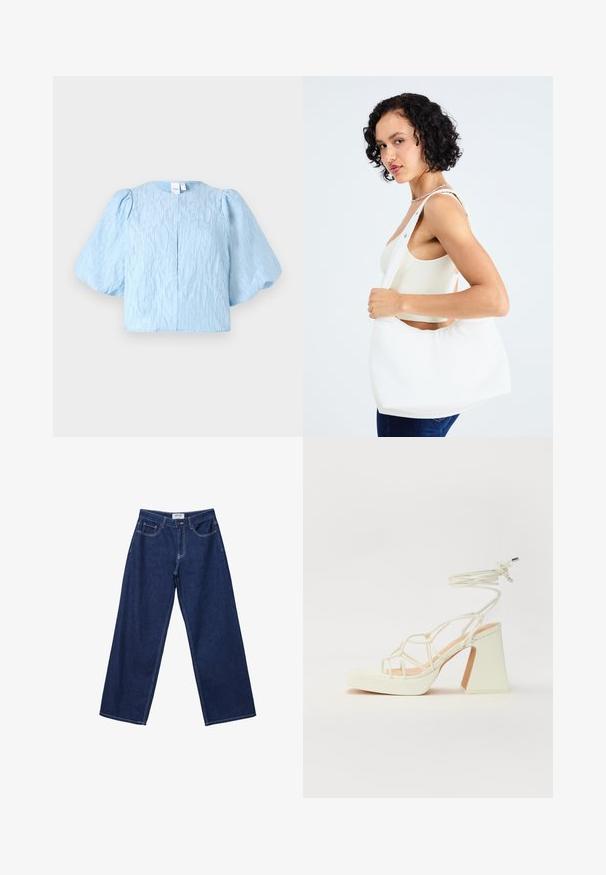 Svijetloplava skraćena bluzica s napuhanim rukavima, teksturirana tkanina, okrugli izrez i jedan gumb na leđima.; Široke tamnoplave traperice s dugmadi, pet džepova i kontrastnim bijelim šavovima. Tkanina ima glatku, lagano teksturiranu površinu.; Bijela sandala na visokoj potpetici s debelim petom, s remenom i vezanjem oko gležnja. Glatka tekstura s platformom sprijeda za dodatnu visinu.; Bijela torba preko ramena izrađena od glatkog materijala, sa ovalnim izrezom i širokim remenom. Jednostavna i moderna, bez vidljivih metalnih dijelova.