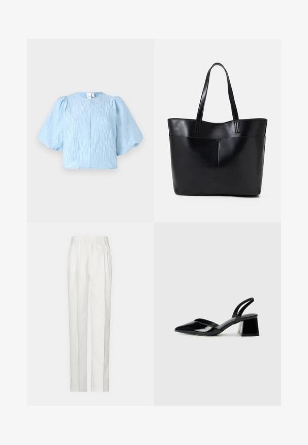 Lysblå cropped bluse med puffede ærmer, tekstureret stof, rund halsudskæring og en enkelt knaplukning bagpå.; Hvide stikstribede bukser med et lige ben-design, lavet af et let stof. Har foldninger foran og et traditionelt liv.; Sorte patentlæder slingback hæle med spids tå og en geometrisk blok hæl. Har et elegant, minimalistisk design og en glat tekstur.; Sort læder tote taske med to lange håndtag, en glat tekstur og en struktureret form. Har en forlommem for ekstra opbevaring.