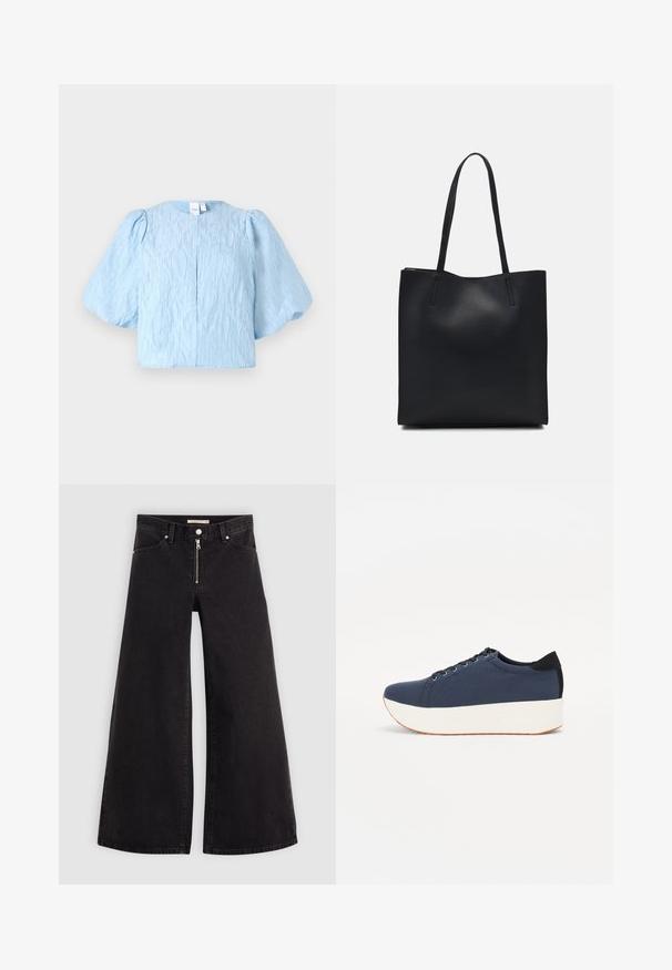 Hele helesinine lühike pluus puffse varrukatega, tekstuuriga kangas, ümmargune kaelus ja üks tagumine nööp sulgemiseks.; Laiad teksad mustast denimist, millel on lukuga eesmine osa, viie taskuga disain ja peened õmblusdetailid. Sile tekstuur ja juhuslik stiil.; Tumedat sinised tennised tekstureeritud riidest pealispinnaga, valge platvormi tallaga, ümarate varvaste ja musta kontsapaneeliga. Omab kuut silma paelte jaoks.; Mustast nahast kott sujuva tekstuuriga, ristkülikukujuline ja kahe pika sangaga. Pole nähtavat riistvara ega kaunistusi.