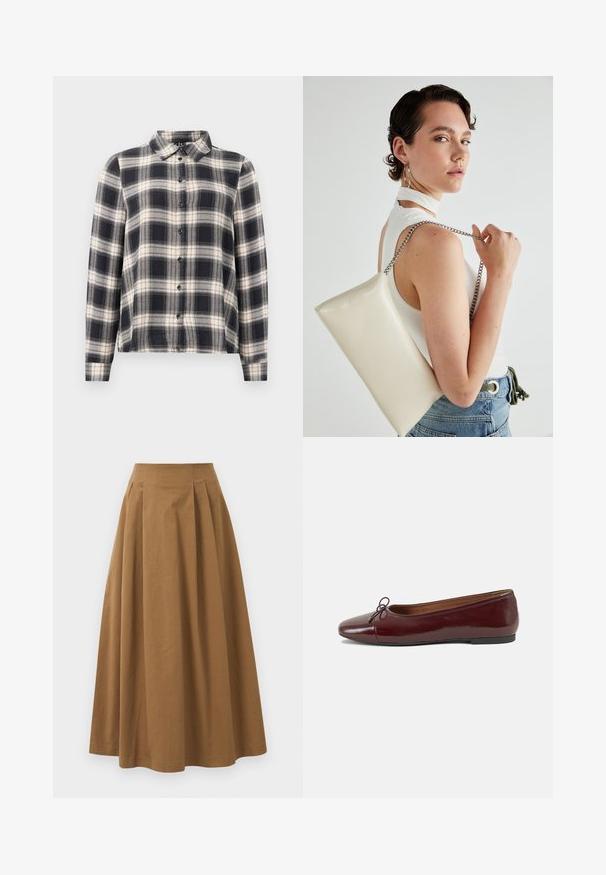 Pajkana s dolgimi rokavi v mornarsko modri, beli in bež barvi. Ima standardni ovratnik, zapiranje z gumbi in mehak material z karirastim vzorcem.; Rjava bombažna A-linijska krila z visokim pasom, ki vključuje naborke spredaj in gladko teksturo. Robovi so čisti in preprosti.; Burgundska patenti usnjeni baletni čevlji z zaobljenim prstom, majhnim lokom na sprednji strani in nizkim črnim gumijastim podplatom. Gladka tekstura.; Bela pravokotna torbica za ključe iz sijajnega materiala, opremljena s srebrno verižico. Model pozira in prikazuje torbico na enobarvni podlagi.