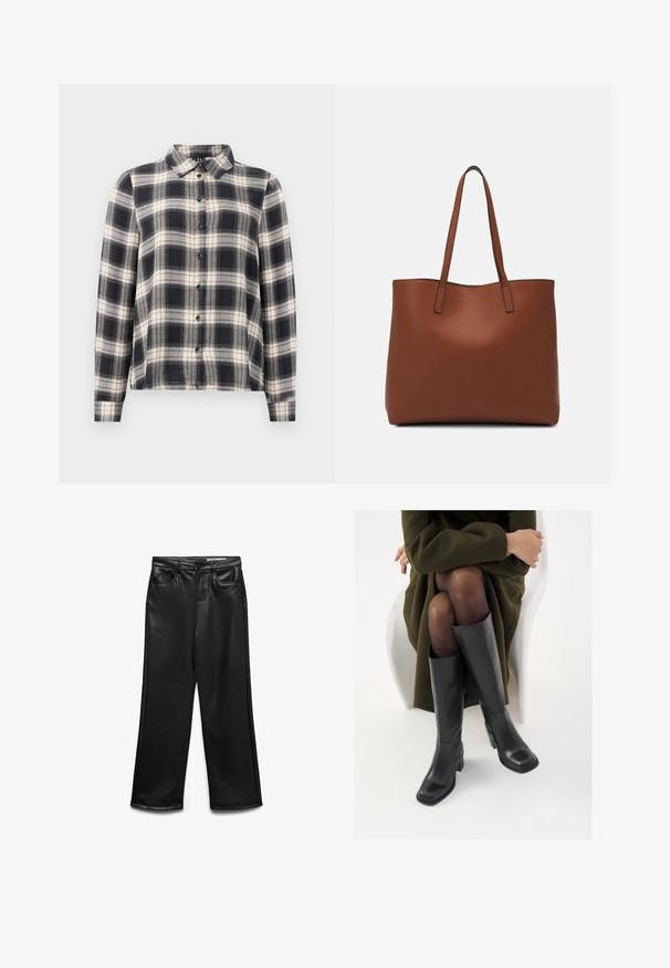 Pajkana s dolgimi rokavi v mornarsko modri, beli in bež barvi. Ima standardni ovratnik, zapiranje z gumbi in mehak material z karirastim vzorcem.; Svetlo bež dolgi rokavi zgornji del z žično teksturo. Ima čipkast rob in krojeno zasnovo, z okroglim izrezom in usklajenimi rokavi.; Široke hlače iz umetnega usnja v črni barvi z sprednjimi žepi, zankami za pas in subtilnim sijajem. Gladek tekstura in krojena prileganje.; Črne usnjene čevlje do kolen s kvadratnim prstom in blok peto, prikazani na modelu, ki sedi v olivno zeleni plašču. Gladka tekstura, minimalne podrobnosti.; Rjava usnjena torba z gladko teksturo, odprto zasnovo zgoraj in dvema naramnima trakovoma. Opremljena je z minimalnim šivanjem in brez vidnih kovinskih delov.