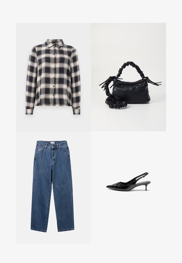 Langermet rutete skjorte i marineblått, hvitt og beige. Har standard krage, knappelukking foran, og mykt stoff med rutete mønster.; Klassiske blå denimjeans med rett ben-design, fem lommer og knappelukking. Har en middels vask og solid tekstur.; Sorte skinnert remsandaler med spiss tå, liten kittenhæl og en dekorativ knute detalj foran. Glatt tekstur gjennom hele.; Svart faux skinn-håndveske med krokodilletekstur, strammet topp og en rynket stropp. Ser myk og kompakt ut i designen.