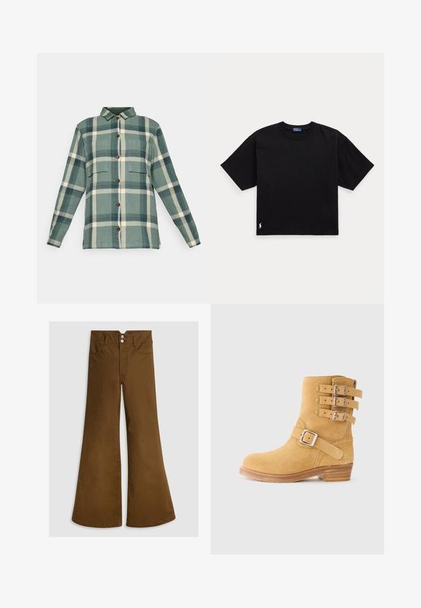 Žalias ir kremas languotas marškinėliai su ilgomis rankovėmis, dviem krūtinės kišenėmis ir klasikinėmis apykaklėmis, pateikti ant balto fono.; Juodas medvilnės marškinėliai trumpomis rankovėmis, apvaliu kaklu ir mažu baltu logotipu apatiniame kairiajame kampe. Klasikinis, dėžutės formos siluetas su minimaliu apdailos detalių skaičiumi.; Rudi flared kelnės, pagamintos iš medvilnės su lygiu paviršiumi, turinčios dvi priekines kišenes ir dvigubą sagčių užsegimą juosmens srityje.; Geltonos spalvos zomšiniai aulinukai su trimis sagtelėmis šone, apvalia nosimi ir sluoksniuota medine kulniuku. Tekstūruotas paviršius geresniam sukibimui.