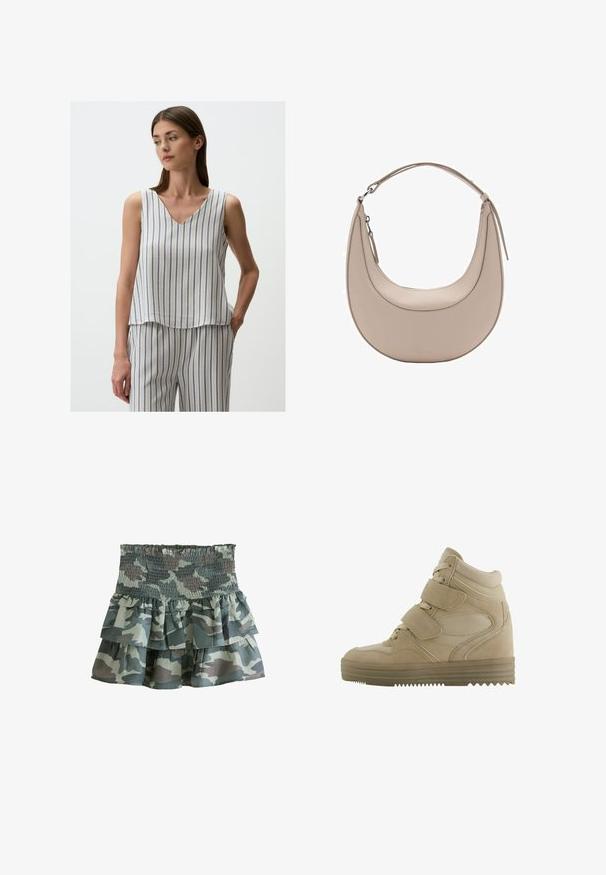Jimmy Key V-NECK SLEEVELESS STRIPED - Camicetta - multi coloured; Gonna a balze in stampa camouflage con vita smockata, caratterizzata da tre strati arricciati in tonalità di verde e grigio tenui. Tessuto leggero.; Sneaker alte beige con un design in suede e mesh, cinturini in velcro regolabili e una suola in gomma spessa con un motivo a zigzag.; Borsa a spalla in pelle beige con forma a mezzaluna, texture liscia e un'unica maniglia curva. Presenta una chiusura con zip e cuciture curate.