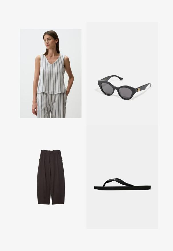 Jimmy Key V-NECK SLEEVELESS STRIPED - Blouse - multi coloured; Zwarte wijde broek gemaakt van een gladde stof, met een hoge taille, voorplooien en zijzakken. Eenvoudig ontwerp zonder versieringen.; Zwarte rubberen flip-flop sandaal met een getextureerde strap en een eenvoudige platte zool, zijaanzicht op een effen lichte achtergrond.; Zwarte zonnebril met een hoekige cat-eye vorm, voorzien van donkere getinte lenzen. Gouden logo-accent op de poot. Glad plastic frame.