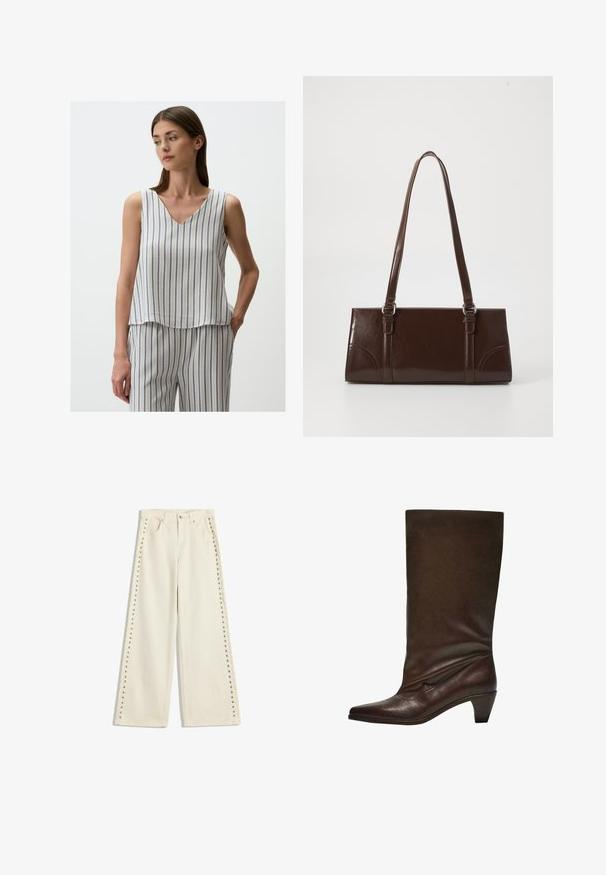 Jimmy Key V-NECK SLEEVELESS STRIPED - Blouse - multi coloured; Lichtcrème wijdvallende jeans met metalen studs langs de buitennaad, vijf zakken en een standaard knoopsluiting.; Donkerbruin leren laars tot net onder de knie met een lage stapelhak, puntige neus en een lichtslappe schacht op een witte achtergrond.; Bruine lakleren handtas met een rechthoekige vorm, twee lange handvatten en subtiele gebogen accenten aan de voorkant.