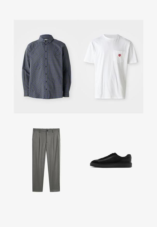 Henrik Vibskov - Koszula; Biały bawełniany t-shirt z okrągłym dekoltem i krótkimi rękawami. Posiada małe czerwone logo serca na lewej kieszeni na piersi.; Szare spodnie o gładkiej fakturze, z zapięciem na guziki, elastycznym paskiem w talii oraz dwoma bocznymi kieszeniami. Dopasowany fason z plisami.; Czarne skórzane trampki o gładkim wykończeniu, okrągłym nosku, z sznurowanym przodem i kontrastującym teksturowanym językiem. Gruba czarna gumowa podeszwa.