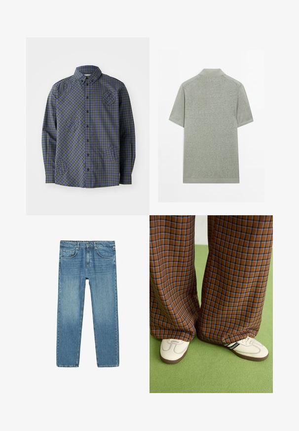 Henrik Vibskov - Koszula; Koszulka polo z krótkim rękawem w jasnoszarym kolorze, wykonana z miękkiej tkaniny, z kołnierzykiem i ściągaczami przy rękawach. Teksturowana powierzchnia z minimalnymi detalami.; Jasnoniebieskie dżinsy ze prostym krojem, pięcioma kieszeniami i subtelnym efektem przetarcia. Posiadają zapięcie na guzik i zamek błyskawiczny w talii.; Brązowo-niebieskie spódnice w kratę o szerokich nogawkach zestawione z białymi butami z czarnymi akcentami i teksturowaną podeszwą, na tle zielonego tła.