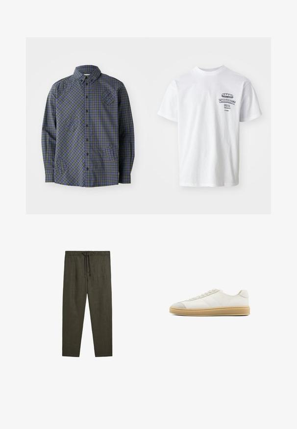 Henrik Vibskov BLOCK - Shirt - checks; White cotton t-shirt with short sleeves, round neck, and a graphic print featuring the text "Carhartt WIP" and a food illustration on the chest.; Massimo Dutti JOGGER FIT - Trousers - dark green; White suede sneakers with a smooth texture, round toe, lace-up front, and a tan rubber sole. Features subtle side stripes and heel accents.