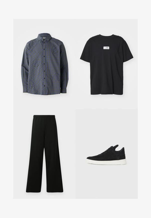 Henrik Vibskov BLOCK - Shirt - checks; Black cotton t-shirt with a crew neck, short sleeves, and a rectangular white label featuring numbers and a graphic design.; Black wide-leg pants made from soft fabric. Features an elastic waistband, smooth texture, and a simple, modern design without patterns.; Black suede sneaker with a white rubber sole, featuring tonal stitching and lace-up design. Smooth texture with a modern, streamlined shape.
