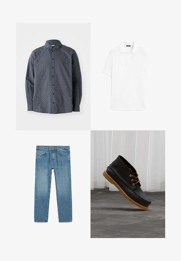 Henrik Vibskov BLOCK - Camicia - checks; Polo shirt bianca realizzata in tessuto misto cotone, con colletto, pattina con tre bottoni e maniche corte. Design semplice.; Jeans in denim azzurro chiaro con taglio dritto, design a cinque tasche e leggera sfumatura. Presentano una chiusura con bottone e zip in vita.; Scarpe in pelle nera con finitura liscia, punta tonda, lacci marroni e suole in gomma marrone chiaro. Logo impresso sul lato.