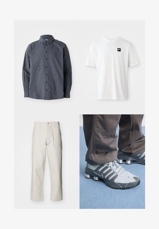 Henrik Vibskov BLOCK - Camisa - checks; Camiseta de algodón blanca con mangas cortas y cuello redondo; presenta un pequeño logo rectangular negro de Nike Air en el lado izquierdo del pecho.; Pantalones de pierna ancha color beige claro, hechos de algodón. Cuentan con bolsillos frontales y cierre de botón. Textura suave con sutiles líneas verticales.; Las zapatillas Nike Shox en gris y plata tienen un diseño elegante, con materiales de malla y sintéticos, punta redondeada y un collar acolchado.