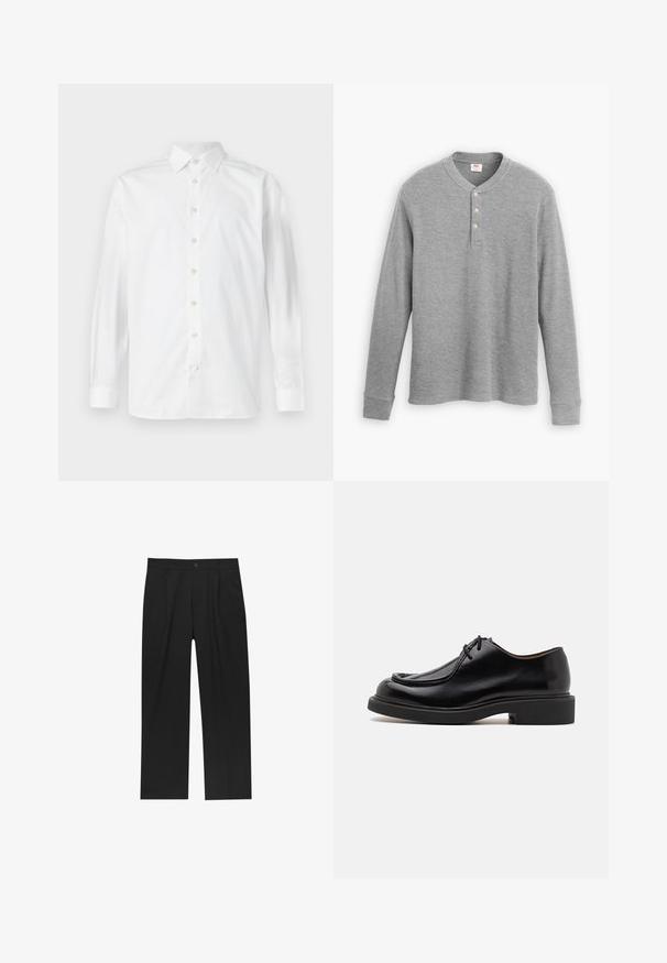 Biała koszula z długim rękawem z klasycznym kołnierzykiem, z przodem na guziki i subtelną strukturą, z zaokrąglonym dołem i guzikanimi mankietami.; Szary longsleeve henley z ribbowanej tkaniny, z trzema guzikami i okrągłym dekoltem, o lekko dopasowanym kroju.; Czarne spodnie o prostym kroju, wykonane z gładkiego materiału. Posiadają zakładki z przodu i pojedyncze zapięcie na guziki w pasie.; Czarny skórzany but z okrągłym noskiem, przeszywaną detalami, minimalnymi sznurówkami oraz grubą gumową podeszwą zapewniającą przyczepność i trwałość.