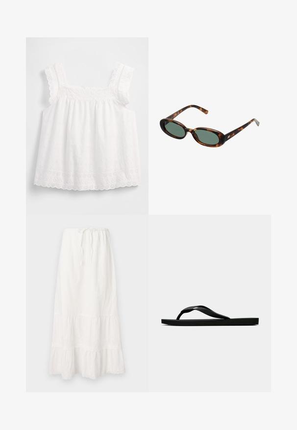 Top bianco senza maniche con design arricciato, bordi smerlati e motivi floreali traforati con dettagli delicati lungo le bretelle.; Lunga gonna di cotone bianco con vita elastica e cordoncino regolabile. Presenta strati a balze con delicate finiture in pizzo all'orlo.; Infradito in gomma nera con cinturino testurizzato e suola piatta semplice, mostrati di lato su uno sfondo chiaro e uniforme.; Occhiali da sole tartarugati con montatura ovale e lenti verdi. Presentano aste sottili con un accento metallico vicino alle cerniere.