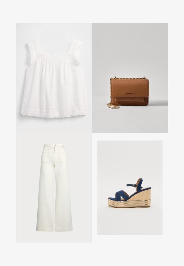 Weißes, ärmelloses Oberteil mit gerafftem Design, geschwungenen Kanten und floralen Lochstickereimustern sowie filigranen Details entlang der Träger.; Weite Jeans aus off-white Denim. Hoch tailliertes Design mit Knopfverschluss, zwei Fronttaschen und kontrastierenden Stickdetails.; Marineblaue Keil-Sandale mit überkreuzten Riemen, einer strukturierten Plattform aus Naturfasern und einem goldenen Metallakzent an der Basis.; Braune strukturierte Ledertasche mit goldener Kettenriemen und Klappenverschluss. Die Vorderseite zeigt ein Logo-Detail und eine Tasche unter der Klappe.