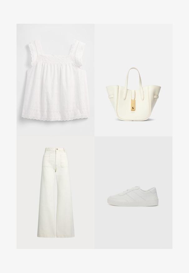 Haut blanc sans manches avec un design plissé, des bords festonnés et des motifs floraux en broderie ajourée, avec des détails délicats le long des bretelles.; Jeans large en denim écru. Design taille haute avec une fermeture à bouton, deux poches avant et des détails de surpiqûres contrastantes.; Baskets en cuir blanc avec lacets plats, bout rond et détails de couture subtils. Caractéristiques d'une semelle texturée et d'un logo de marque embossé au niveau du talon.; Sac fourre-tout en cuir blanc avec une forme structurée, des coutures marquées, une étiquette en matériel doré et deux poignées. Surface texturée avec des poches latérales.