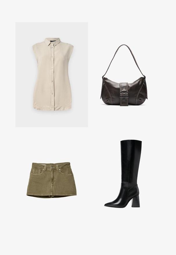 Svetlo bež brezrokavnik s sprednjim zapenjanjem na gumbe, koničastim ovratnikom in zaobljenim robom. Narejen iz mehkega, teksturiranega blaga.; Olivnozeleni denim mini krilo s sprednjimi žepi, ravnega kroja in gumbnim zapiranjem. Mehka tekstura z vidnimi šivi.; Črne usnjene škornje do kolen s koničastim nosom, gladko teksturo in robustnim rebrastim peto za stabilnost. Elegantna oblika z minimalnimi poudarki.; Rjava usnjena torba za rame z ukrivljeno obliko, ki ima izrazit detajl s sponko, kontrastno šivanje in enojno naramnico.