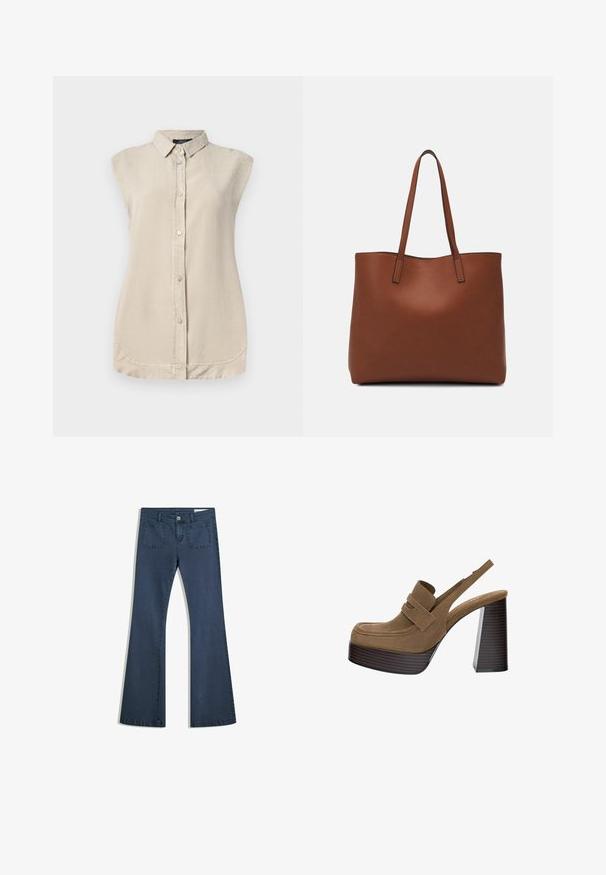 Svetlobeige bezrukávová košeľa s gombíkmi na prednej strane, špicatým golierom a zaobleným lemom. Vyrobená z mäkkej, textúrovanej tkaniny.; Tmavomodré zvonové džínsy s prešitými vreckami, zapínaním na gombík a hladkou textúrou. Obsahujú klasický dizajn s piatimi vreckami.; Hnedé semišové platformové podpätky s hrubým, rebrovaným blokovým podpätkom a širokým pruhom cez hornú časť, so zaobleným dizajnom špičky.; Hnedá kožená taška na rameno s hladkou textúrou, otvoreným vrchom a dvoma ramenými popruhmi. Má minimálne šitia a žiadne viditeľné kovania.